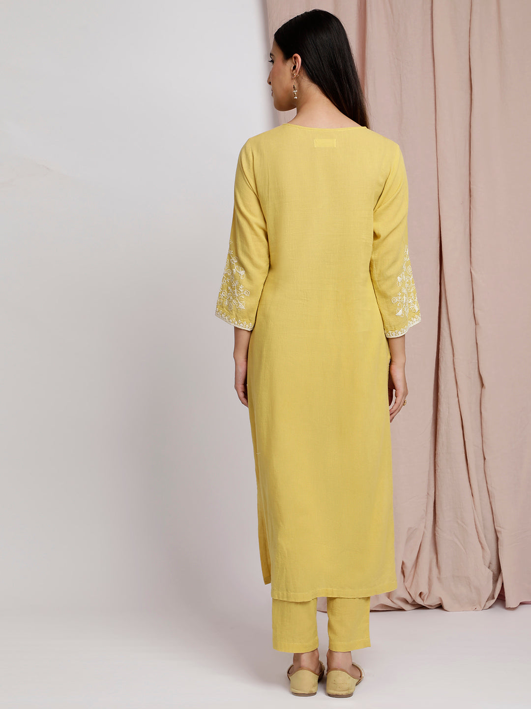 YELLOW COTTON EMBROIDERED KURTA SET