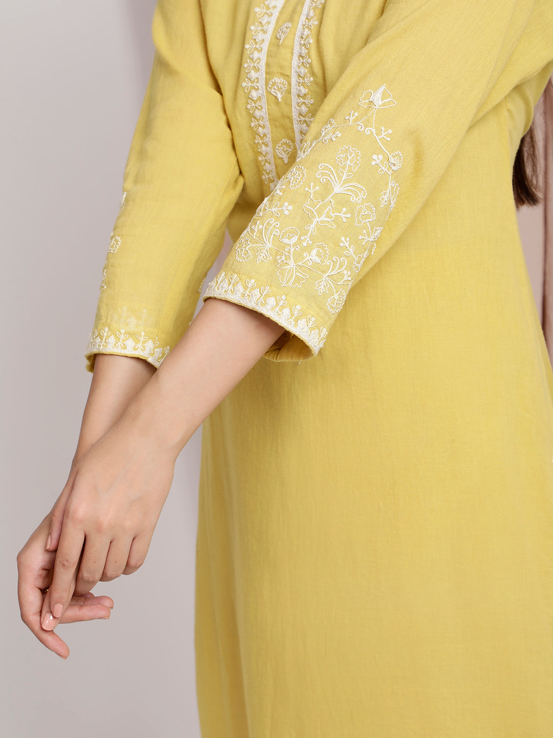 YELLOW COTTON EMBROIDERED KURTA SET