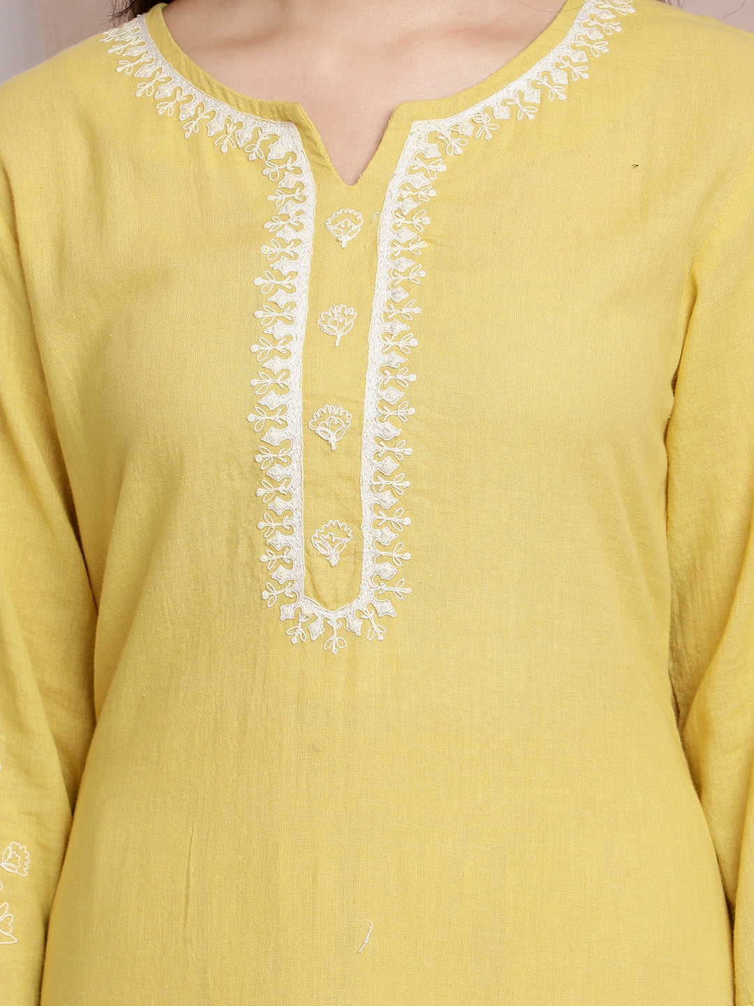 YELLOW COTTON EMBROIDERED KURTA SET