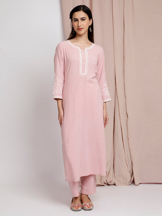 PINK EMBROIDERED COTTON KURTA