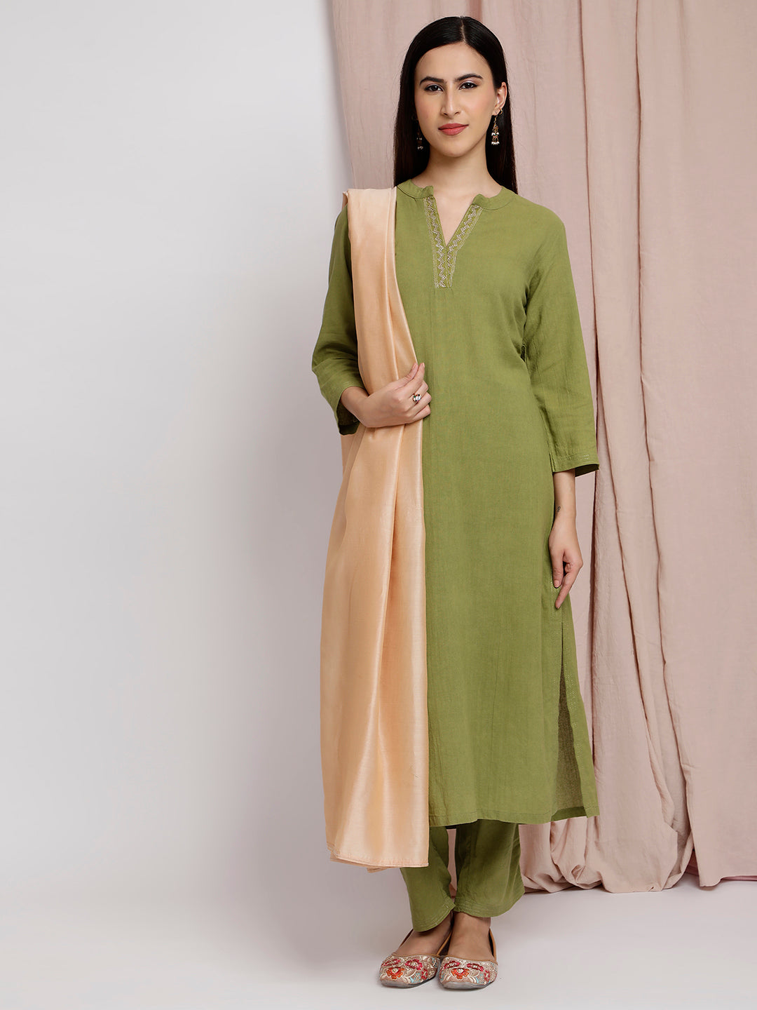 SAGE GREEN EMBROIDERED COTTON KURTA WITH PANTS
