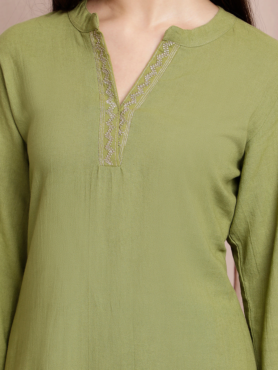 SAGE GREEN EMBROIDERED COTTON KURTA WITH PANTS