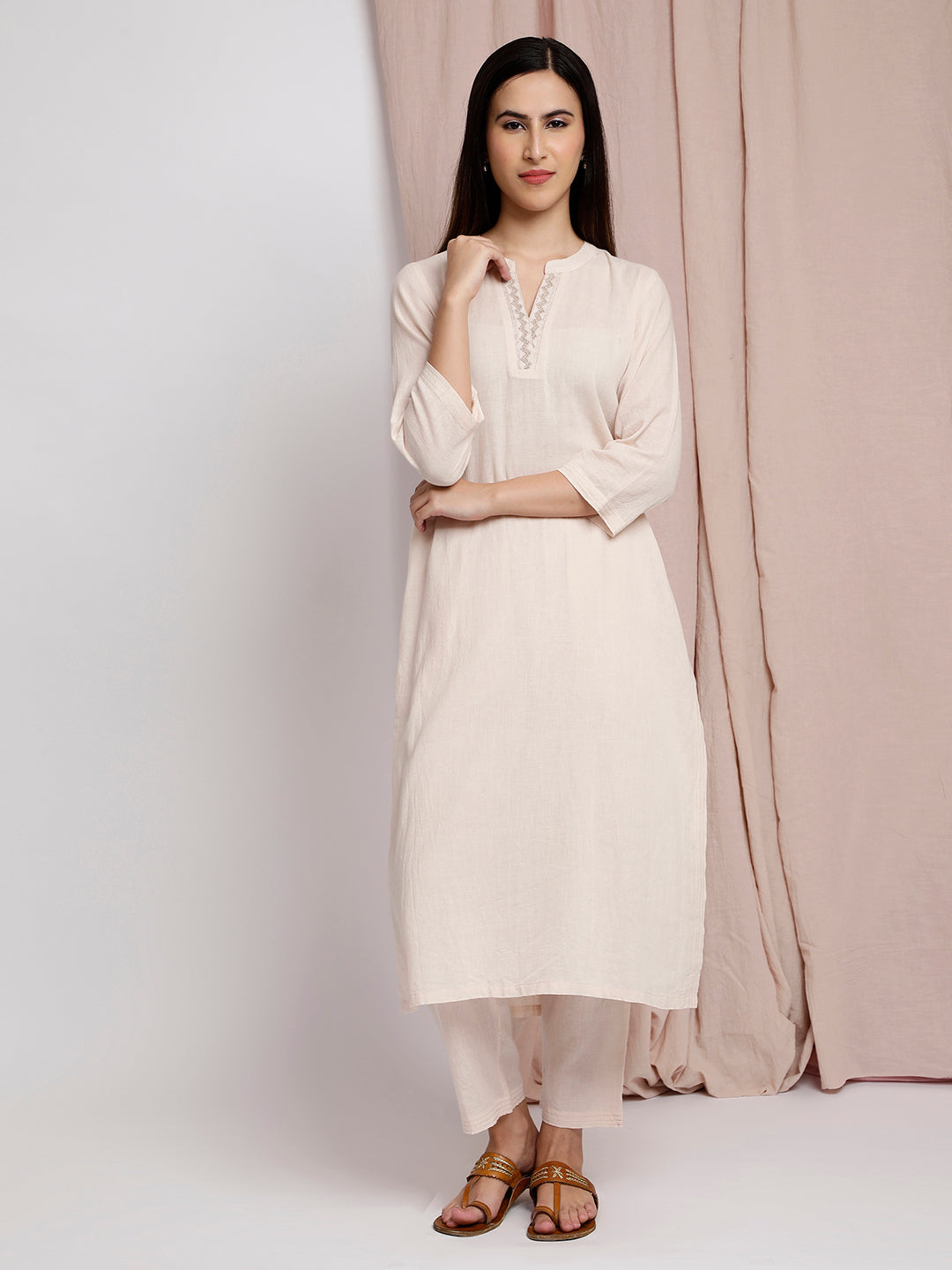 BEIGE EMBROIDERED COTTON KURTA WITH PANTS