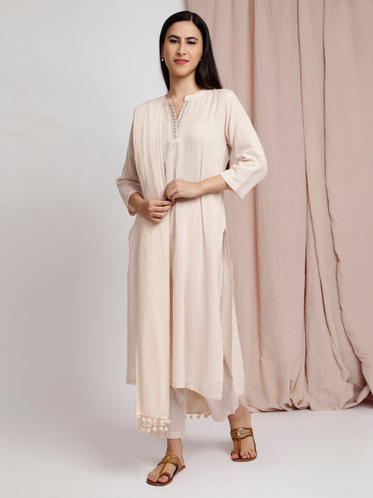 BEIGE EMBROIDERED COTTON KURTA WITH PANTS