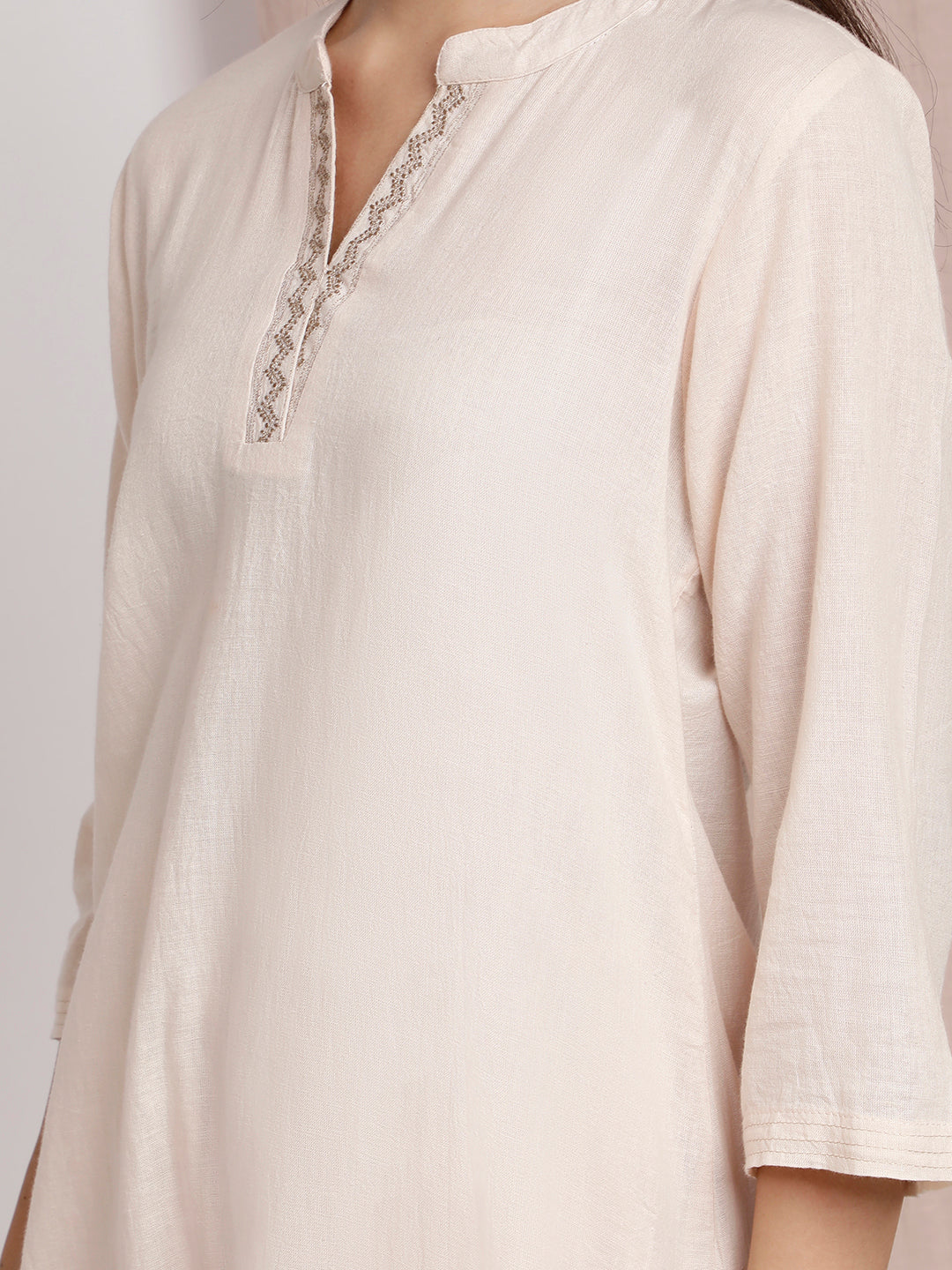 BEIGE EMBROIDERED COTTON KURTA WITH PANTS