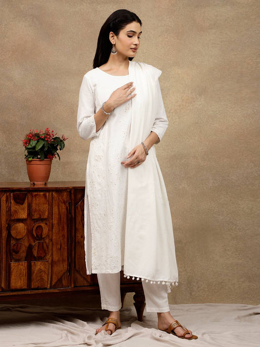 WHITE ALL OVER DORI EMBROIDERED WITH SEQUIN KURTA PANTS WITH DUPATTA
