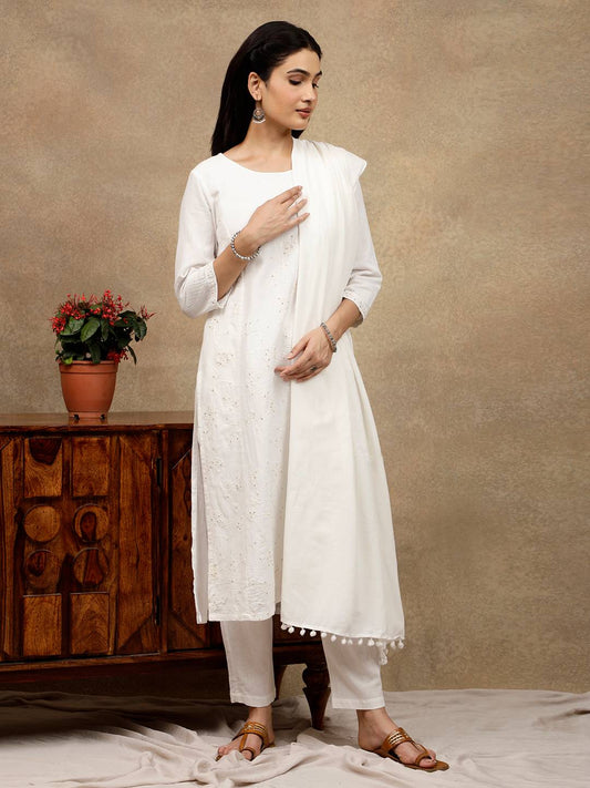 WHITE ALL OVER DORI EMBROIDERED WITH SEQUIN KURTA WITH PANTS