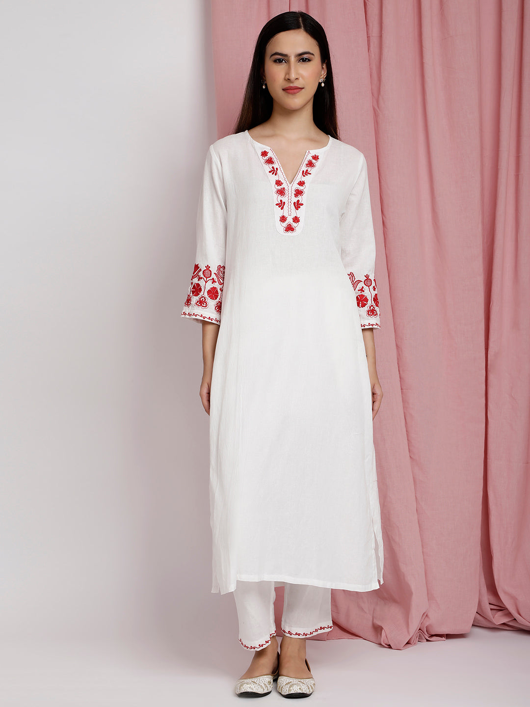 IVORY COTTON LINEN EMBROIDERED KURTA WITH PANTS