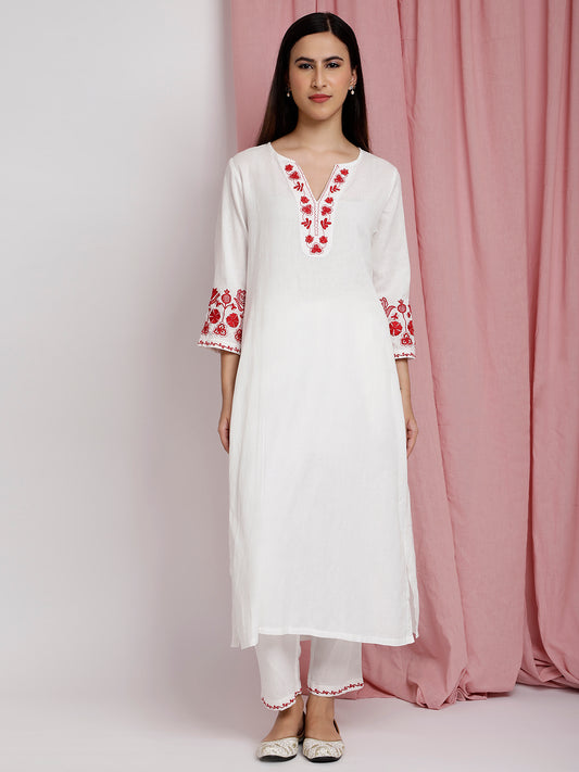 IVORY COTTON LINEN EMBROIDERED KURTA WITH PANTS