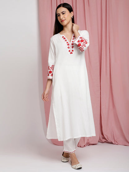 IVORY COTTON LINEN EMBROIDERED KURTA