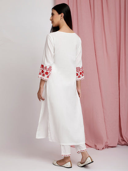 IVORY COTTON LINEN EMBROIDERED KURTA