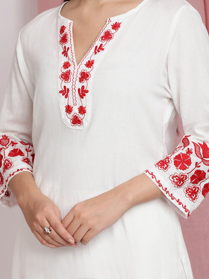 IVORY COTTON LINEN EMBROIDERED KURTA