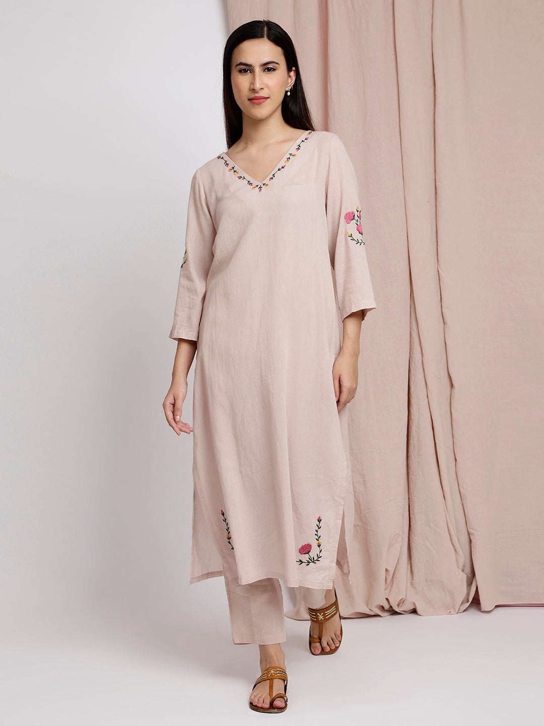 PASTEL PINK FRONT EMBROIDERED KURTA WITH PANTS