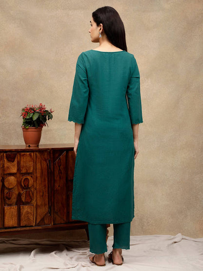 GREEN SCALLOP EMBROIDERED KURTA WITH PANTS (WITHOUT DUPATTA)