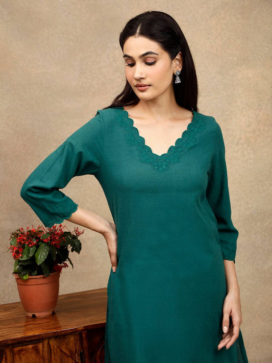 GREEN SCALLOP EMBROIDERED KURTA