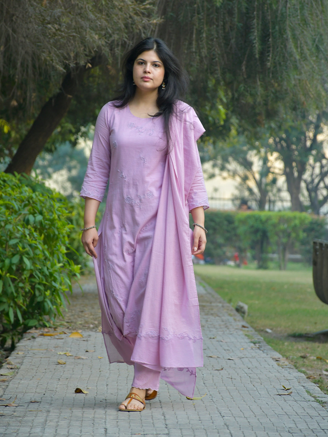 Purple Tonal Applique Embroidered Kurta With Scalloped Pants