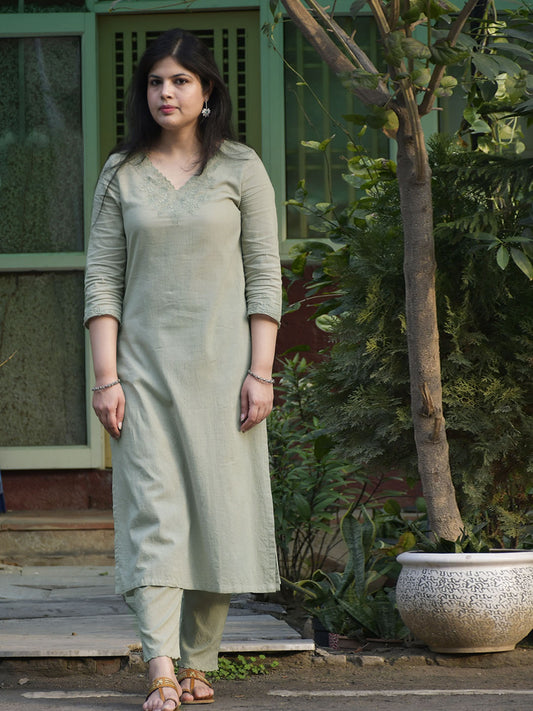 Mint Green-Neck Embroidered Kurta With Pants