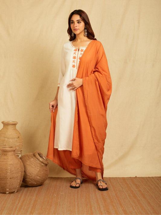 Ivory Embroidered Cotton Linen Kurta with Pants and Dupatta