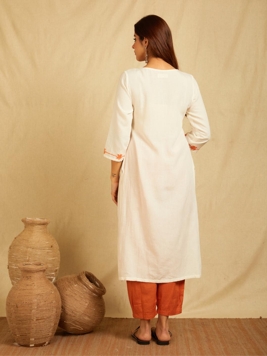 White Embroidered Cotton Linen Kurta With Pants - Set of 2