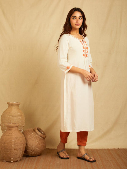 White Embroidered Cotton Linen Kurta With Pants - Set of 2