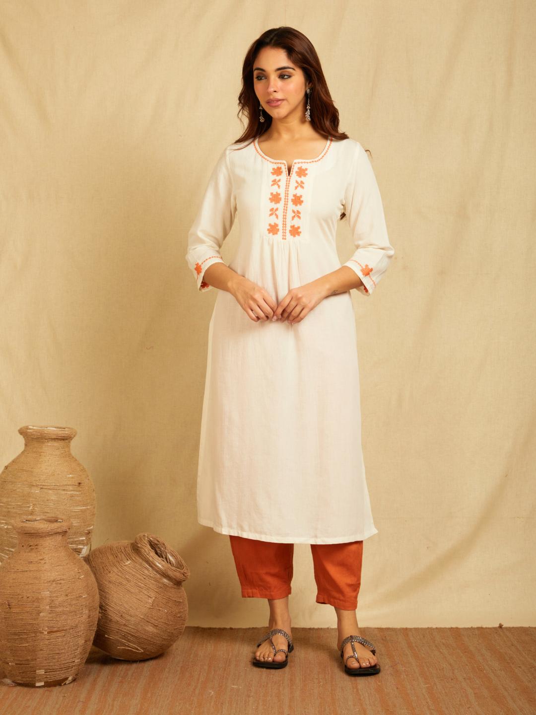 White Embroidered Cotton Linen Kurta With Pants - Set of 2