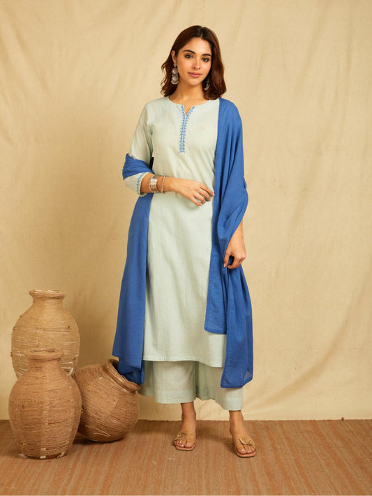 Mint Blue Cotton Dobby Embroidered Kurta With Pants And Contrast Royal Blue Dupatta