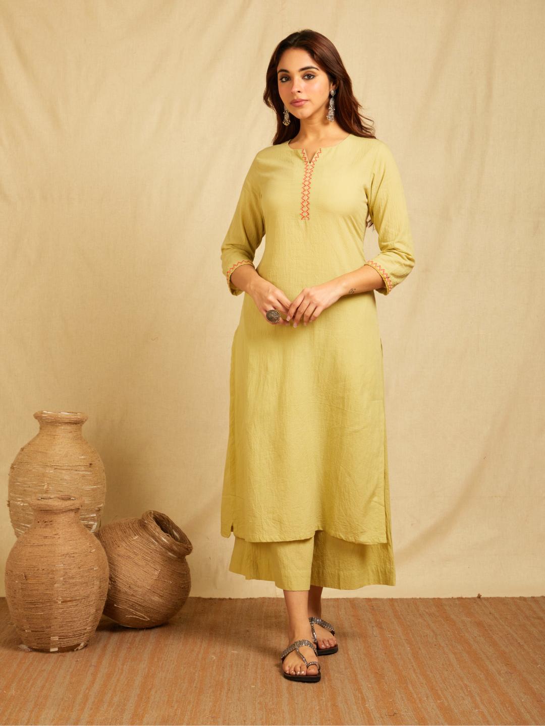 Yellow Cotton Dobby Cross-Stitch Embroidered Kurta with Pants