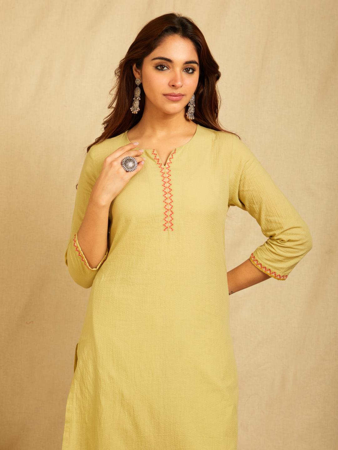 Yellow Cotton Dobby Cross-Stitch Embroidered Kurta with Pants with Contrast Coral Dupatta