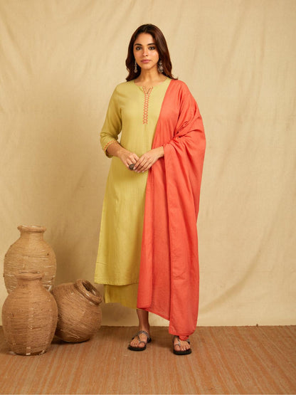 Yellow Cotton Dobby Cross-Stitch Embroidered Kurta with Pants