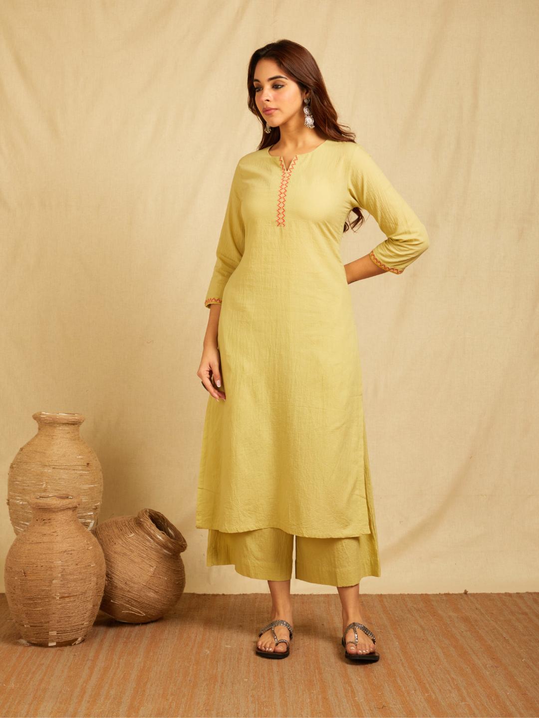 Yellow Cotton Dobby Cross-Stitch Embroidered Kurta with Pants with Contrast Coral Dupatta