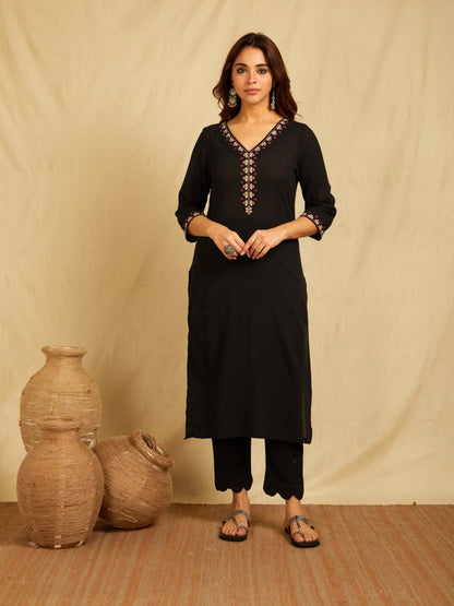 Black V-Neck Multi Color Embroidered Kurta With Pants