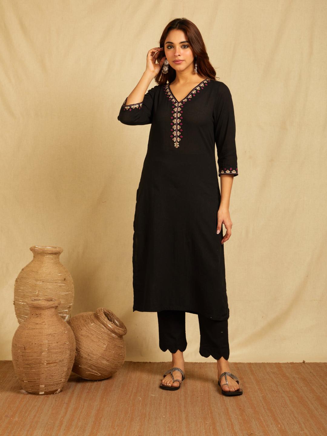 Black V-Neck Multi Color Embroidered Kurta With Pants