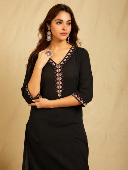 Black V-Neck Multi Color Embroidered Kurta With Pants