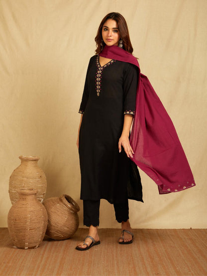 Black V-Neck Multi Color Embroidered Kurta With Pants