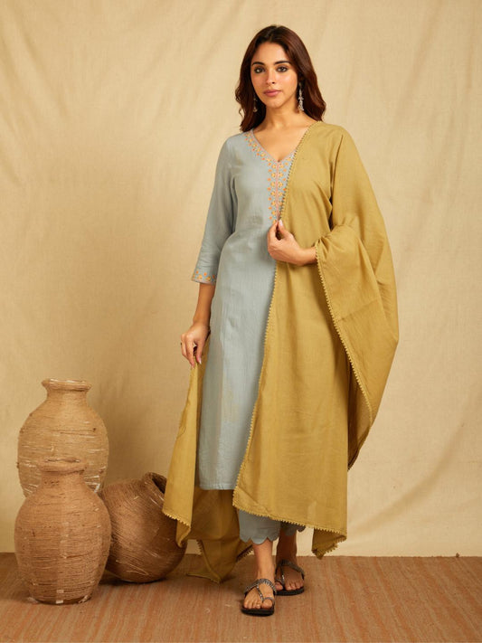 Sky Blue V-Neck Multi Color Embroidered Kurta with Pants With Khaki Green Dupatta