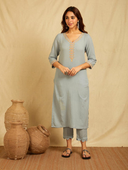 Sky Blue V-Neck Multi Color Embroidered Kurta With Pants