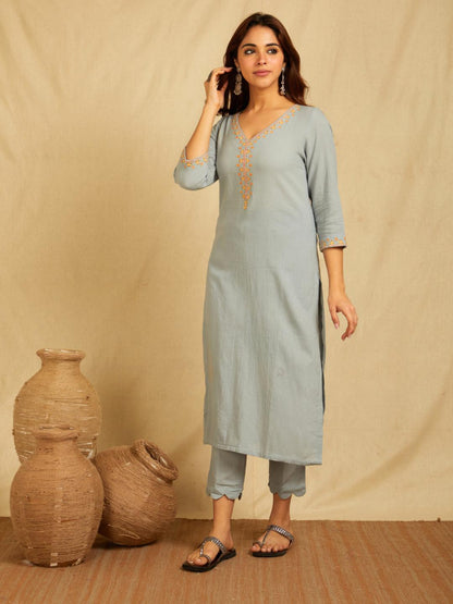Sky Blue V-Neck Multi Color Embroidered Kurta with Pants With Khaki Green Dupatta