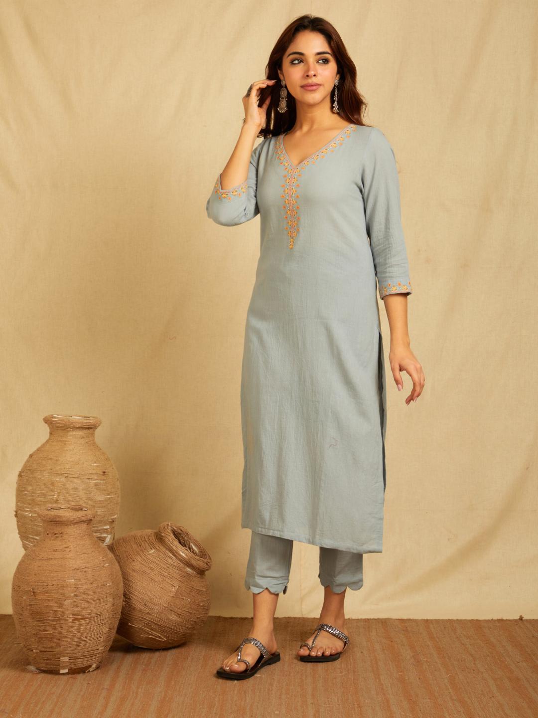 Sky Blue V-Neck Multi Color Embroidered Kurta With Pants