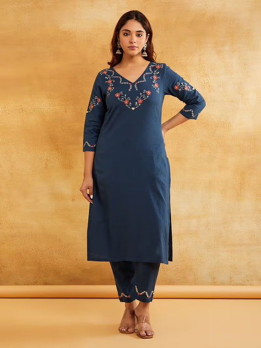 Blue Embroidered Cotton Linen Kurta with Pants