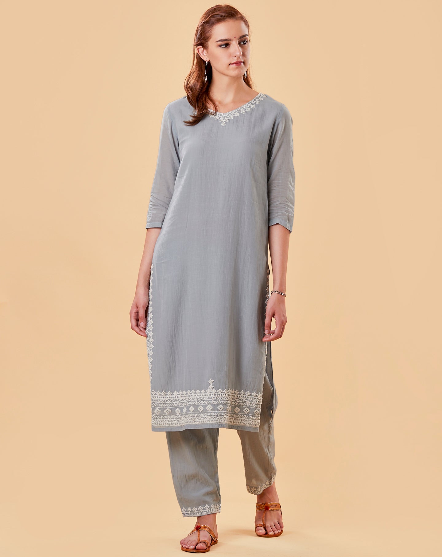 PASTEL BLUE EMBROIDERED COTTON SILK KURTA WITH PANTS