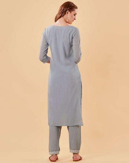 PASTEL BLUE EMBROIDERED COTTON SILK KURTA WITH PANTS