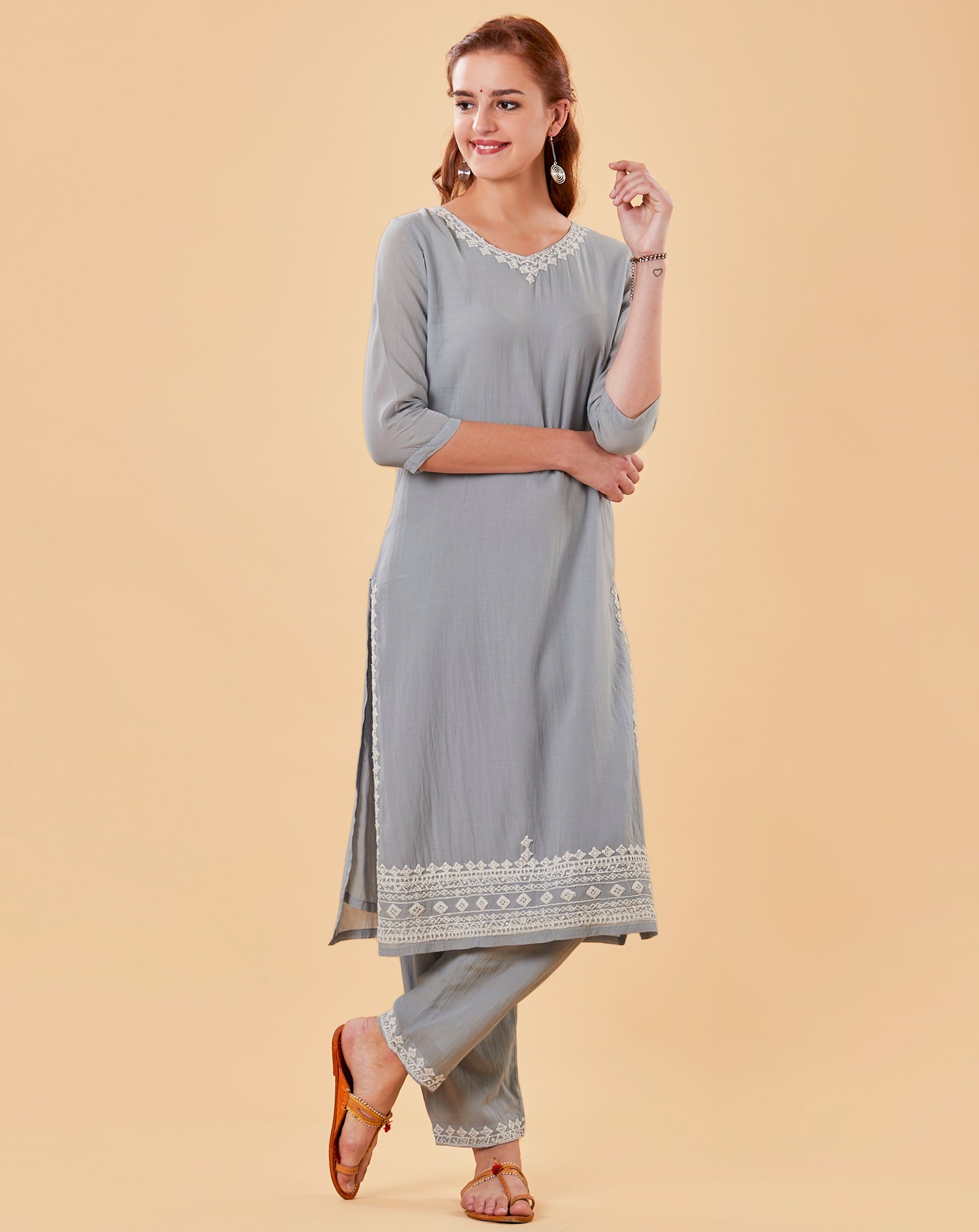 PASTEL BLUE EMBROIDERED COTTON SILK KURTA WITH PANTS