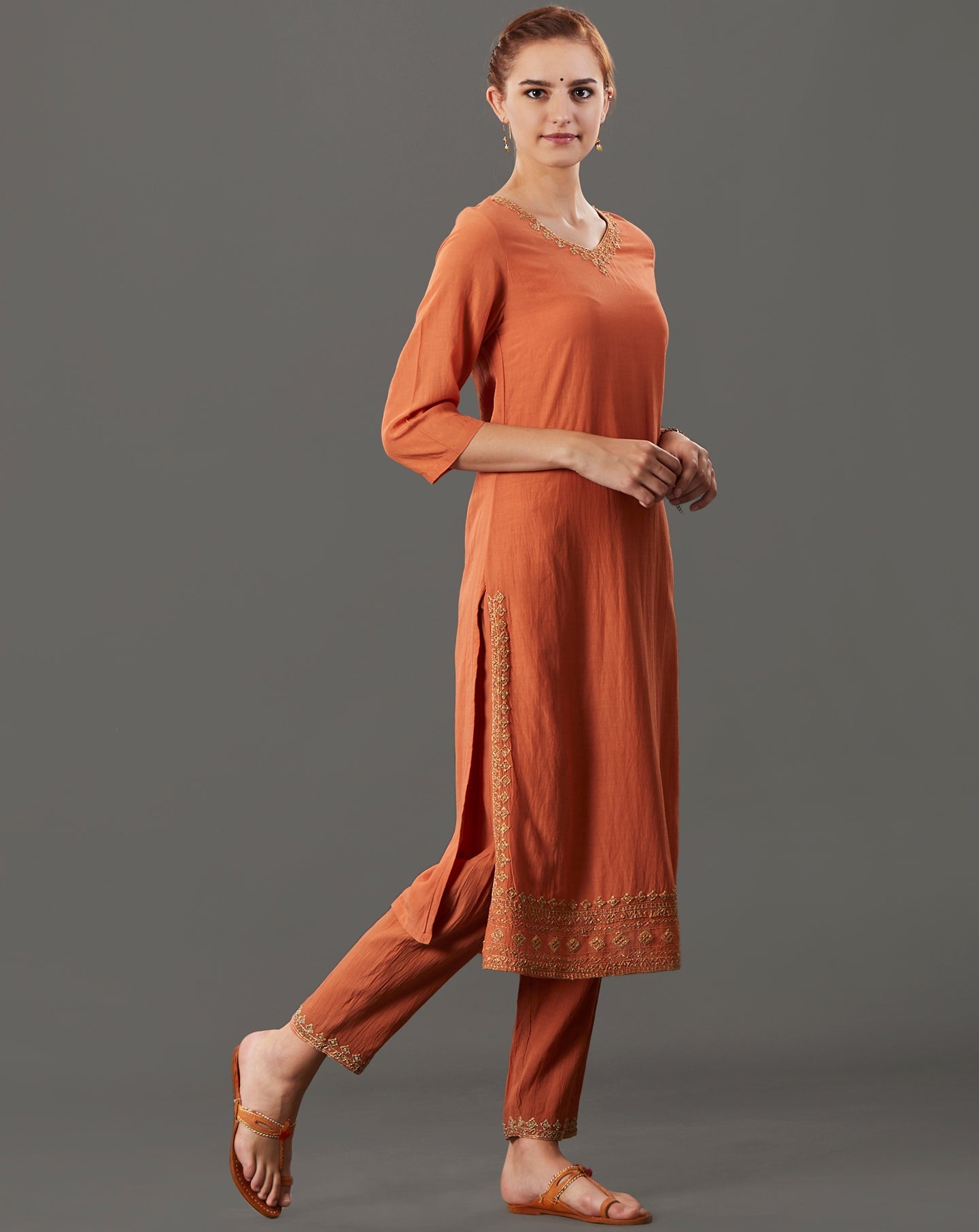 ORANGE EMBROIDERED COTTON SILK KURTA WITH PANTS