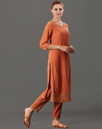 ORANGE EMBROIDERED COTTON SILK KURTA WITH PANTS