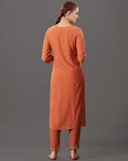 ORANGE EMBROIDERED COTTON SILK KURTA WITH PANTS