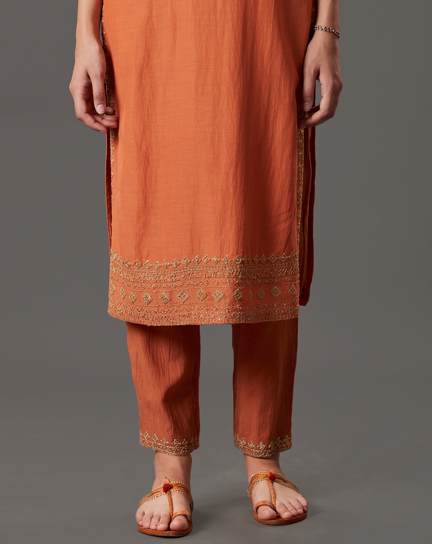 ORANGE EMBROIDERED COTTON SILK KURTA WITH PANTS