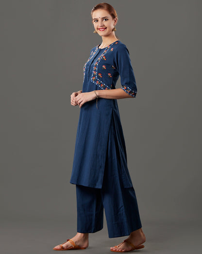 NAVY BLUE EMBROIDERED COTTON LINEN KURTA WITH PALAZZO