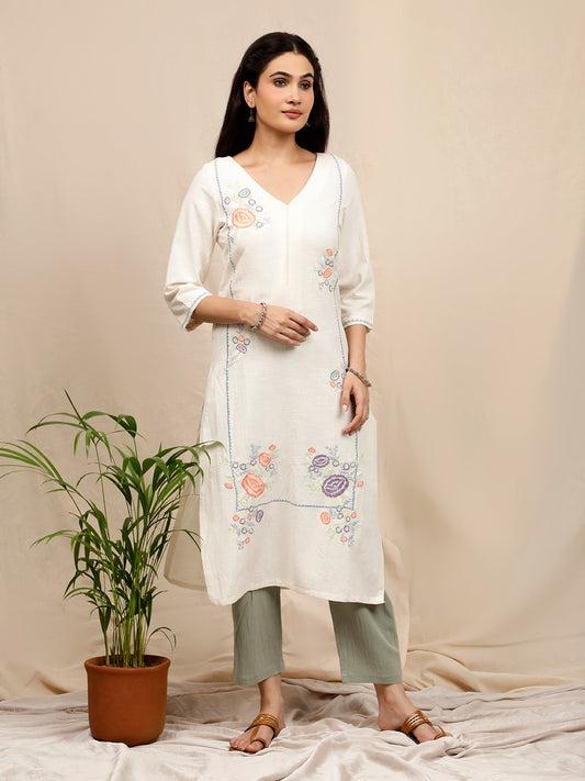 IVORY EMBROIDERED LINEN KURTA WITH PASTEL GREEN PANTS