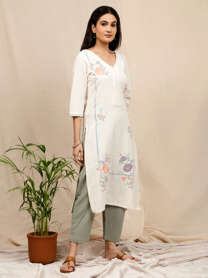 IVORY EMBROIDERED LINEN KURTA