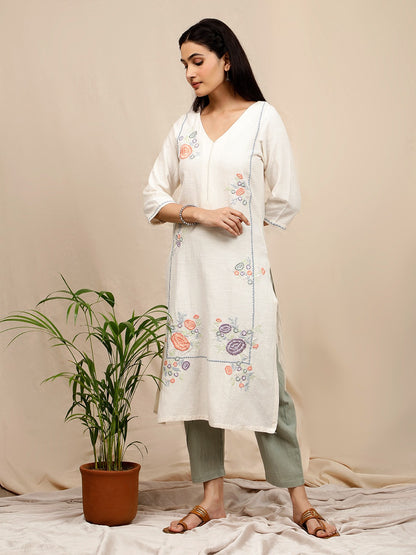IVORY EMBROIDERED LINEN KURTA WITH PASTEL GREEN PANTS